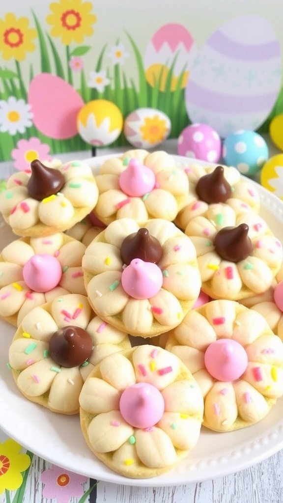 Chewy Sugar Easter Blossom Cookies with chocolate kisses on a festive plate surrounded by Easter decorations.